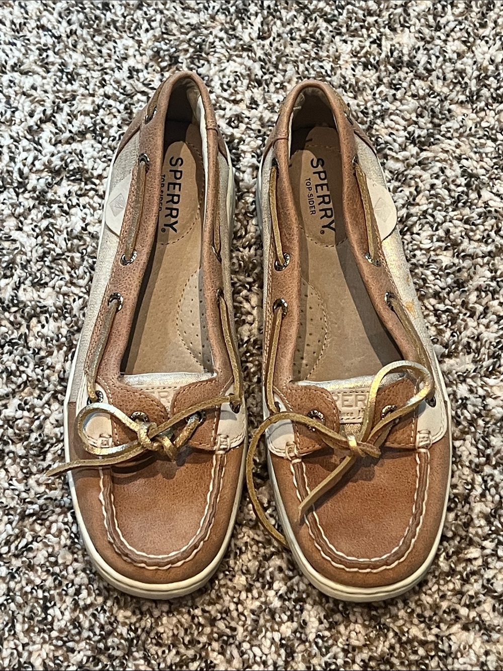 Sperry Brown and Cream Leather Moccasin Boat Shoes Women 7 Leather Fabric gold